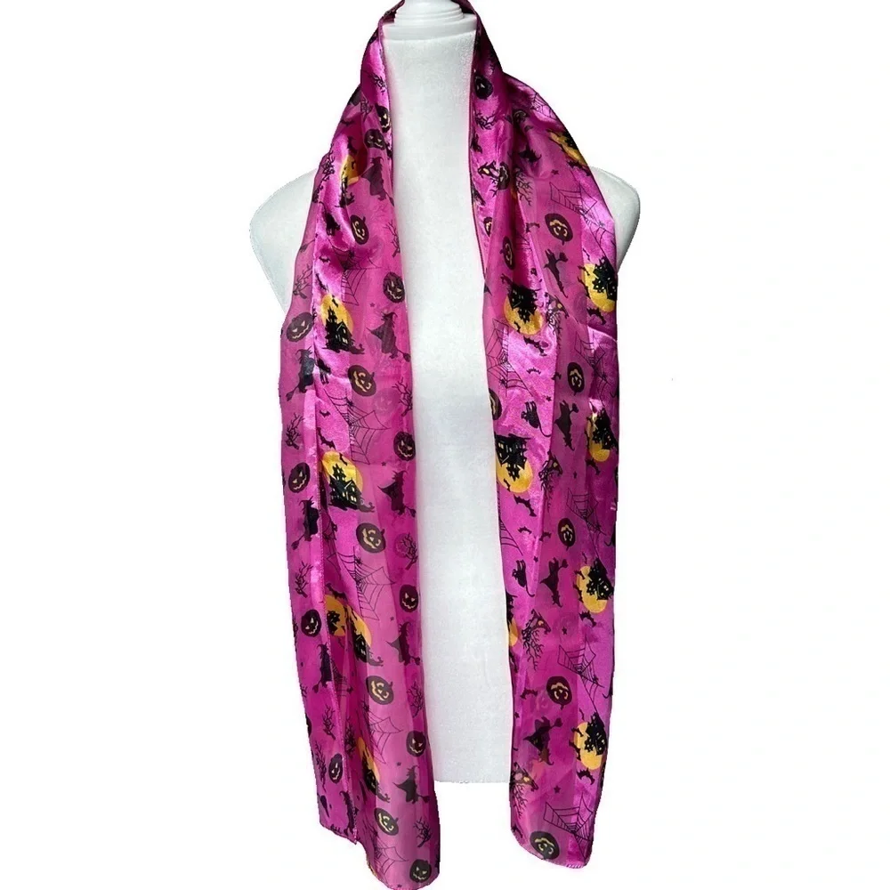 Purple Satin Halloween Scarf Witch Pumpkin Cat Bat Web 61x11.75” Rectangle